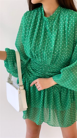 Drapeli Puantiye Lara Şifon Elbise Yeşil