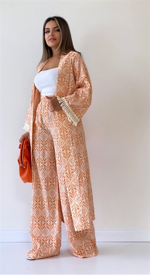 Kolları Püsküllü Kimono Takım Turuncu