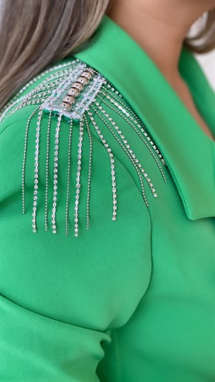 Omuzları Taşlı Tasarım Blazer Ceket Yeşil