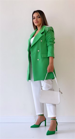 Omuzları Taşlı Tasarım Blazer Ceket Yeşil