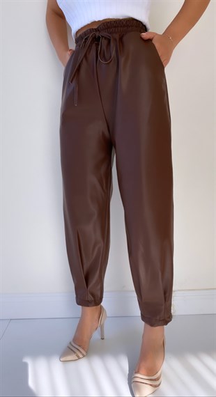 Paça Detaylı Şalvar Deri Pantolon Kahverengi