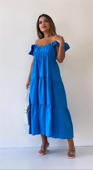 Prenses Yaka Poplin Salaş Elbise Mavi